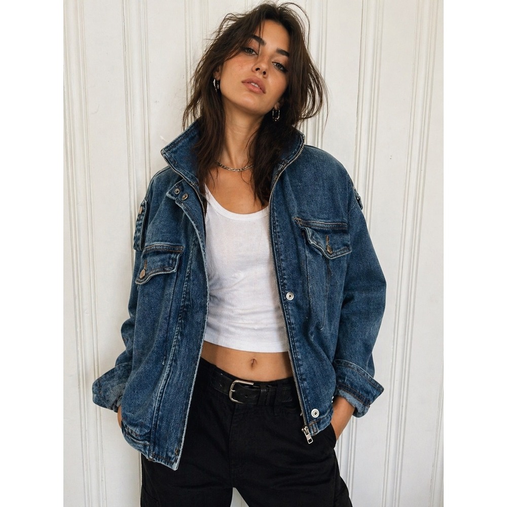 I&M Jeans Black Label Women L Funnel Neck Denim Jacket Dark Wash Blue